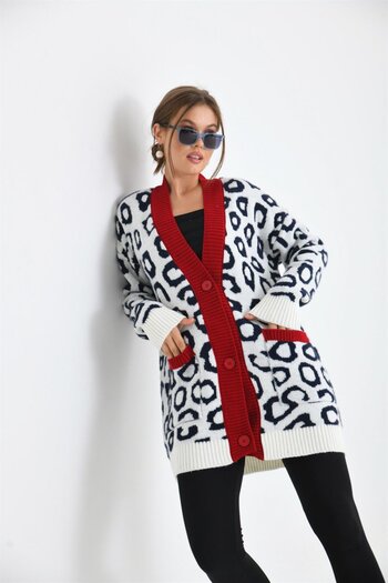 FTZ WOMEN Leopard Patterned Ecru Women's Cardigan