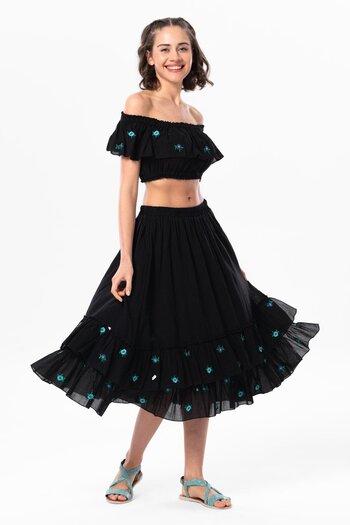 Eliş Şile Bezi Lavinya Voile Embroidered Long Summer Skirt Black Black
