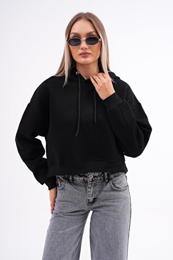 ŞİMAL Women's Hooded Three Thread Short Sweatshirt with Side Slit Detail 245119   -