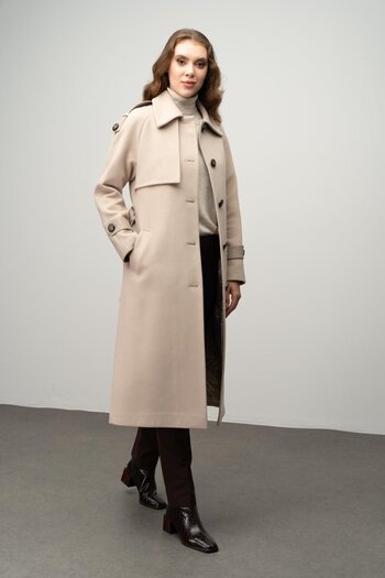 Olcay Beige 3030-K - Intermediate Length Cashmere Coat with Genuine Leather Detail and Waist Ties