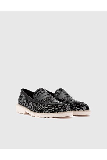 İLVİ Ekala Genuine Suede Leather Stoned Women's Black Loafer Shoes