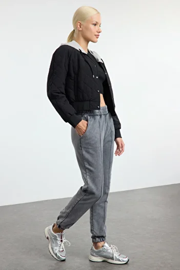 Trendyol Collection Anthracite Washed Ribbed Basic Jogger Thick Inside Fleece Knitted Sweatpants Pants Twoaw25Ea00043