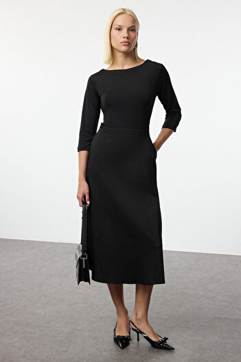 Trendyol Collection Černé midi tkané šaty – s rozepínáním v pase, směs tkaniny, Twoaw25el00144