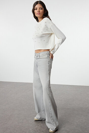 Trendyol Collection Flexible Knitted Blouse - White Soft Stone Detailed Twoaw25bz00284