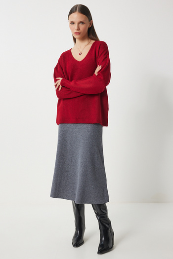 Happiness İstanbul Women's Red V-Neck Knitwear Sweater Za00063