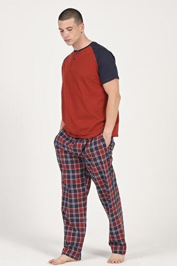 DOFİ Men's Red Navy Blue Large Size Summer Pajamas Set Plaid Patterned with Pockets