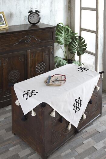 ÖDEL HOME Buldan Fabric Embroidered Tablecloth with Pompom Detail