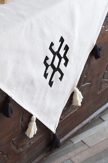 ÖDEL HOME Buldan Fabric Embroidered Tablecloth with Pompom Detail