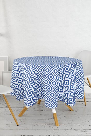 Realhomes Față de masă rotundă cu imprimare digitală cu model Ikat albastru bleumarin cu design special - diametru 140cm