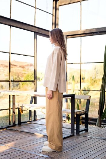 Mevra Γυναικείο πλισέ μακρύ παντελόνι Camel