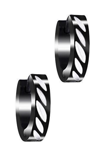 LABALABA Men's Black Color Printed Model Steel Hoop Earrings