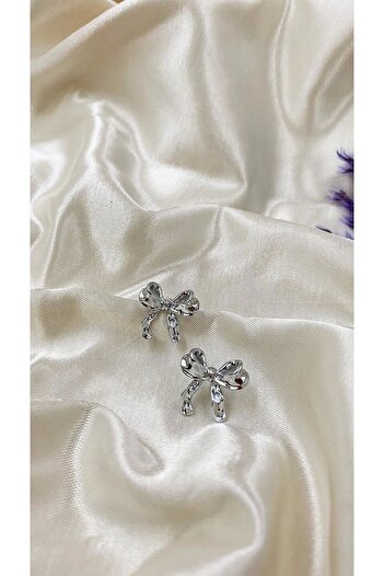 Eylülün Takısı Silver Colored Small Size Dangle Bow Earrings