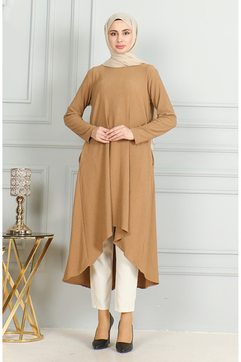sefamerve Bürümcük Fabric Asymmetrical Cut Tunic 1032-03 Milky Brown