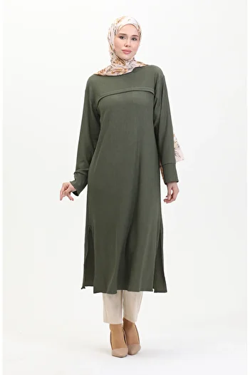 sefamerve Khaki Tunic 5105-04 - Stripe Front and Wrap Fabric