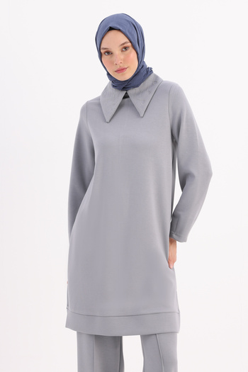 ALLDAY Gray Collar Chain Embroidered Tunic