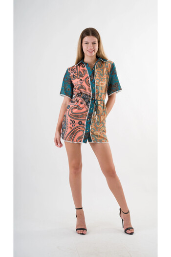 hazelin Green Yellow Cubed Shirt Dress - Rope Belt, Hzl24S-Yy237