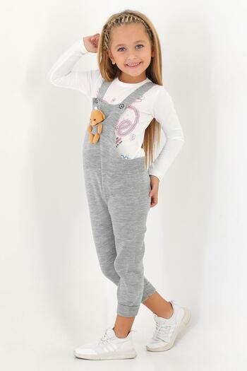 zepkids Hanging Strap Buttoned Gray Color Salopet with Teddy Bear on the Front
