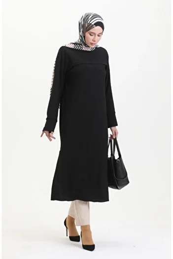 sefamerve Burümcük Fabric Front Striped Tunic 5105-01 Black