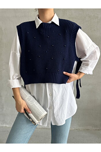 BEJNA Women's Navy Blue Side Tie Pearl Detailed Knitwear Sweater