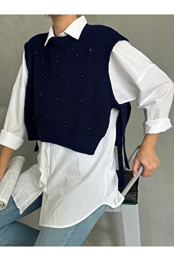 BEJNA Women's Navy Blue Side Tie Pearl Detailed Knitwear Sweater