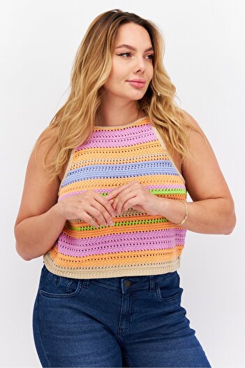 Royalty By Maluma Women Halter Neck Sleeveless Knitted Tank Top, Orange