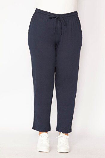 Şans Women's Large Size Navy Blue Cotton Fabric Side Sport Trousers with Elastic Waist and Lacing Detail 65n29223