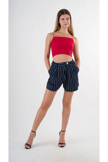 hazelin Navy Blue Striped Women's Shorts - Elastic Waist, Button Detail, Pocket Hzl24S-Yy277