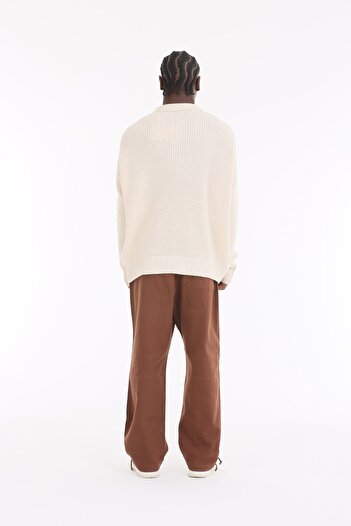 The Champ Clothing Zippered Polo Collar Knitted Knitwear Ribbed Ecru Oversize Men's Sweater