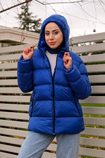 LOCCO Blue Hooded Double Pocket Coat