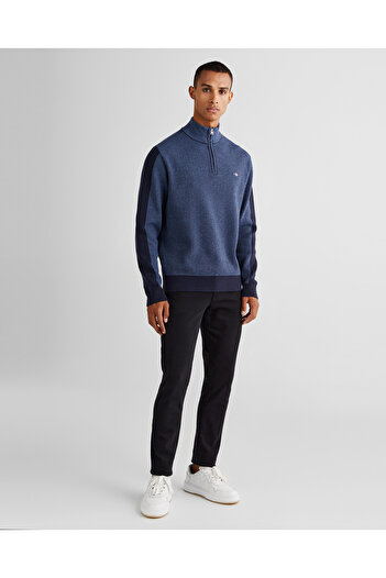 Gant Erkek Lacivert Relaxed Fit Yarım Fermuarlı Renk Bloklu Kazak