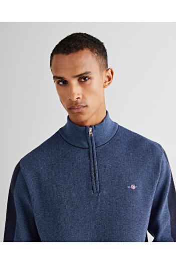 Gant Erkek Lacivert Relaxed Fit Yarım Fermuarlı Renk Bloklu Kazak