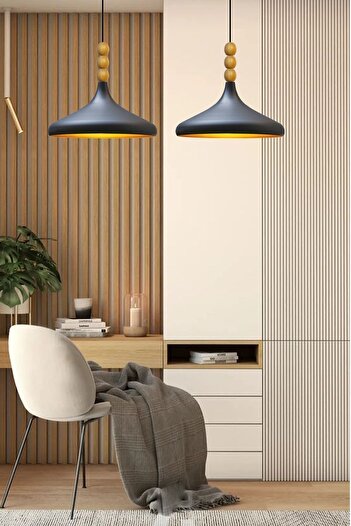 Bamyum Siyah Champion Ahşap Boncuklu Tekli Avize Sarkıt Salon Mutfak Butik Lamba Aydınlatma Avizeler