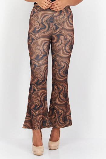 New Look Women Petite Marble Print Pull-On Flare Leg Pants, Brown Combo