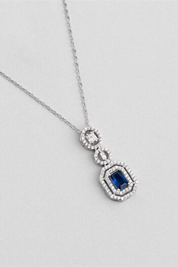 So CHIC... Safir Masalı 18 Ayar Beyaz Altın Kaplama 43 Cm Gümüş Baget Kolye