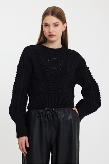 SHERIN Black Knitted Pattern Crew Neck Knitwear Sweater