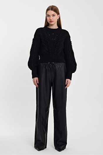 SHERIN Black Knitted Pattern Crew Neck Knitwear Sweater