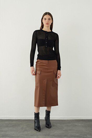 SHERIN Black Button Detailed Mesh Knitwear Sweater