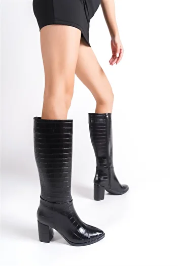 Bak Store Ghete de damă cu toc înalt, cu fermoar, crocodil negru