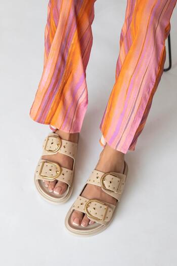 STRASWANS Pella Beige Suede Daily Comfort Slippers - Drop Detailed