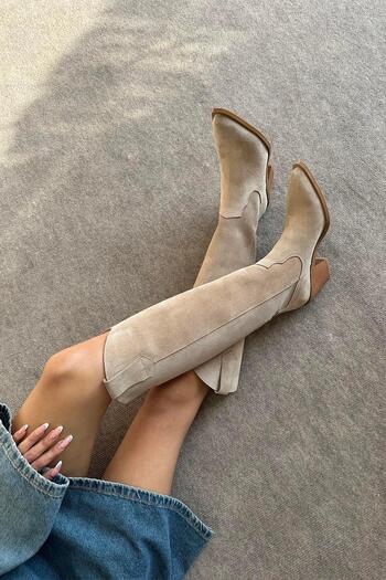 STRASWANS Merlot Women's Genuine Leather Suede Boots Beige