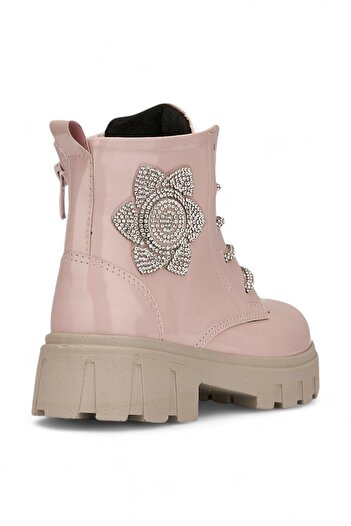 İmerShoes Günlük Çocuk Bot Pudra Rugan Çiçekli Taşlı Bağcıklı Fermuarlı Rugan Kalın Tıtrıklı Taban Bootie 600