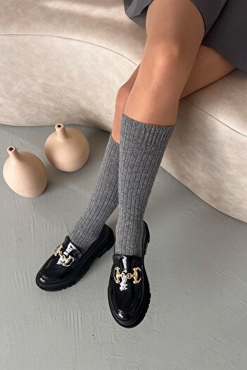 STRASWANS Luuk Women's Thick Sole Patent Leather Loafer Shoes Black