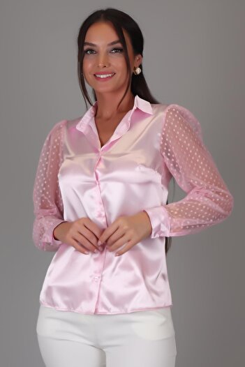 SWEETNESS Pink Satin Tulle Sleeve Women's Evening Dress Shirt