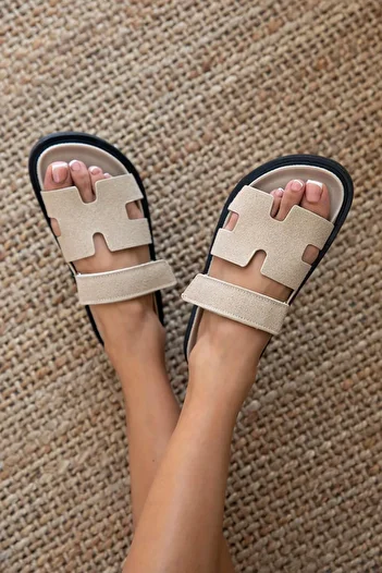 STRASWANS Beige Palmeira Women's Suede Slippers - Velcro Strap