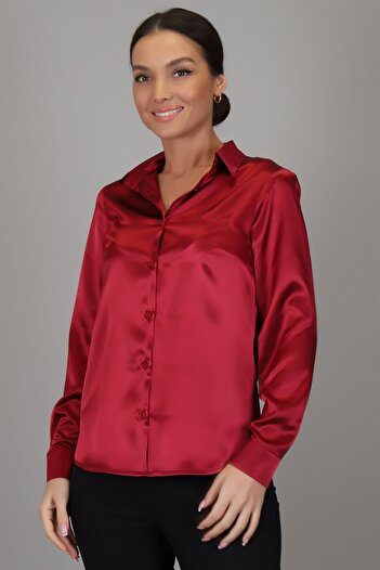 SWEETNESS Women's Burgundy Satin Long Sleeve Evening Dress Shirt