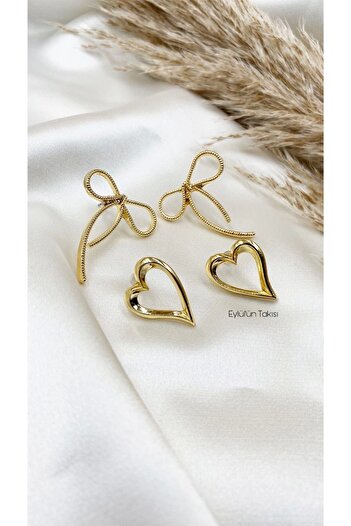 Eylülün Takısı Gold Colored Women's Medium Size 2 Pairs Bow and Heart Earrings
