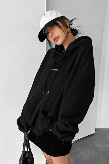 Millionaire Kadın Siyah Spectacular Baskılı 3 iplik Şardonlu Kapüşonlu Kanguru Cepli Oversize Salaş Hoodie Sweat