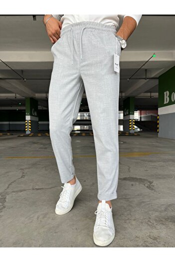 hello7 Erkek Açık Gri Esnek Likralı Beli Lastikli Bağcıklı Duble Paça Jogger Pantolon