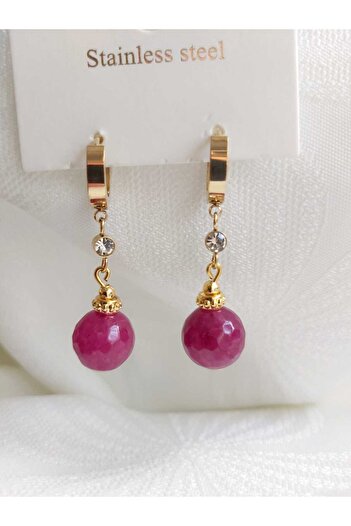 DEVİ fashion Fuchsia Crystal Quartz Stone Steel Earrings