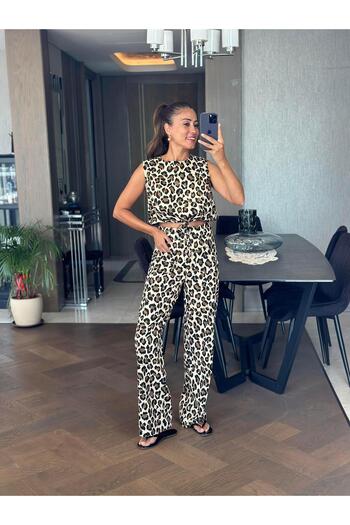 Forlady4 Leopard Print Adjustable Lace-Up Women's Blouse and Trousers Set - Zero Sleeve